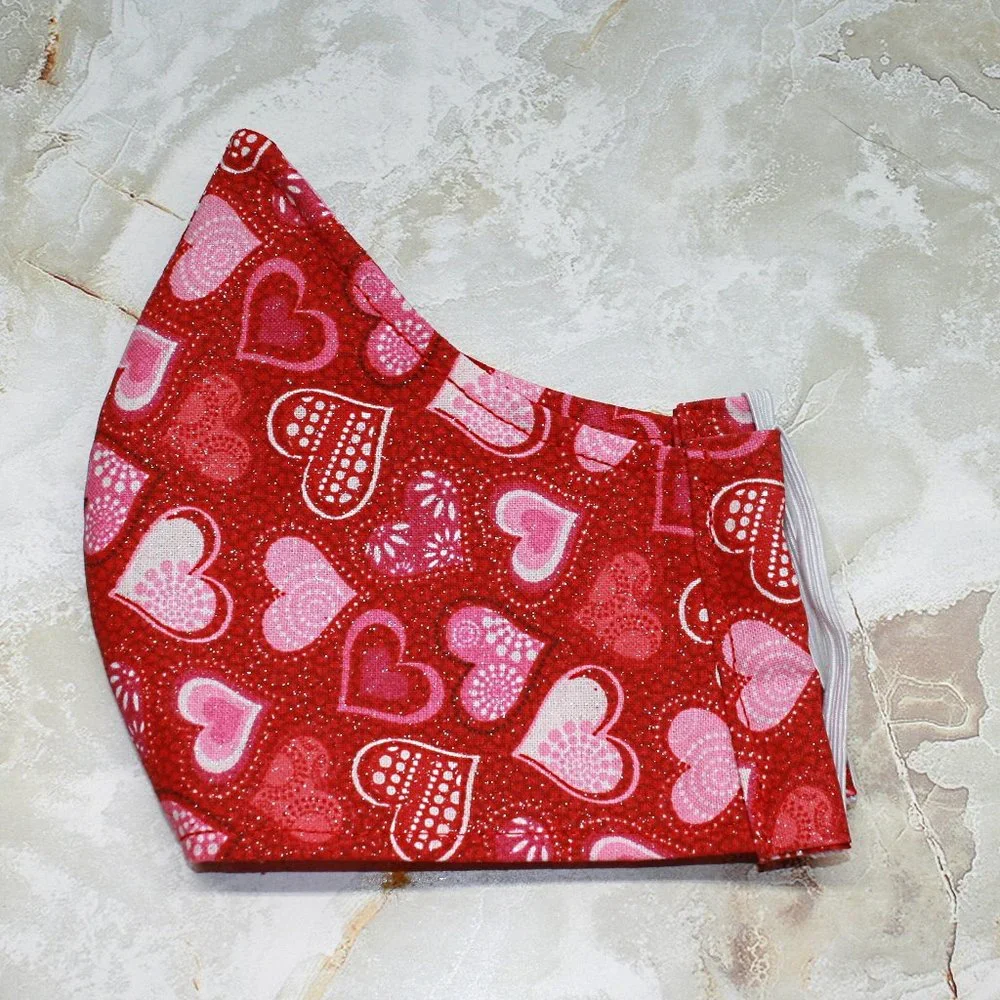 HAND CRAFTED Face Mask Hearts Red Adult Cloth Fabric Print - Shield Style